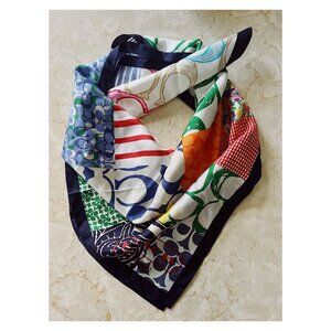 Coach Silk Square Patchwork Logo Print Scarf Multicolor with Navy Trim